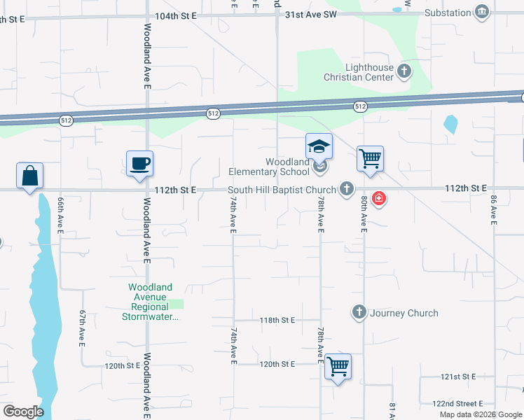 map of restaurants, bars, coffee shops, grocery stores, and more near 11214 To 11216 75th Avenue East in Puyallup