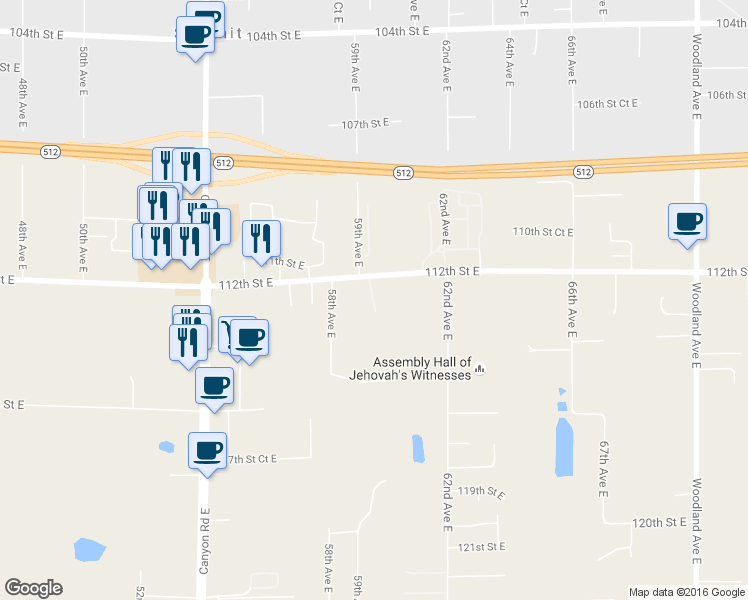 map of restaurants, bars, coffee shops, grocery stores, and more near 5920 112th Street East in Puyallup