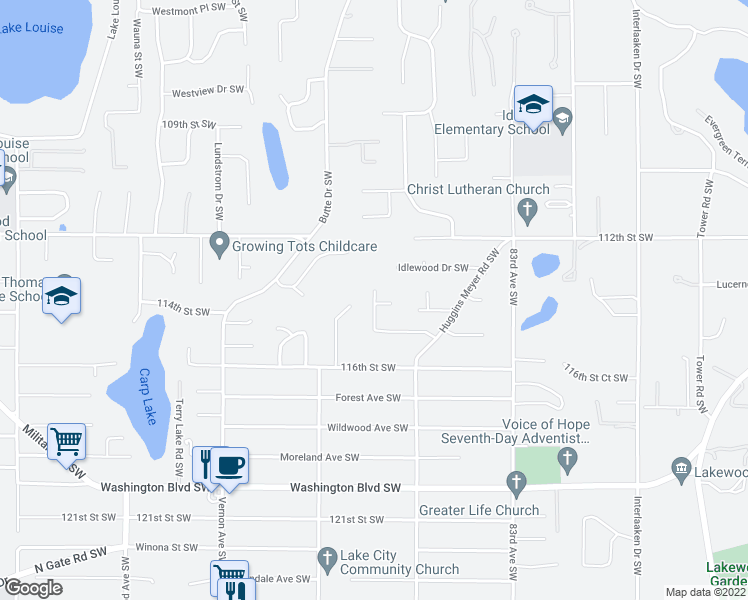 map of restaurants, bars, coffee shops, grocery stores, and more near 11354 87th Avenue Court Southwest in Lakewood