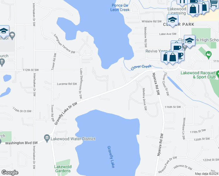 map of restaurants, bars, coffee shops, grocery stores, and more near 11424 Gravelly Lake Drive Southwest in Tacoma