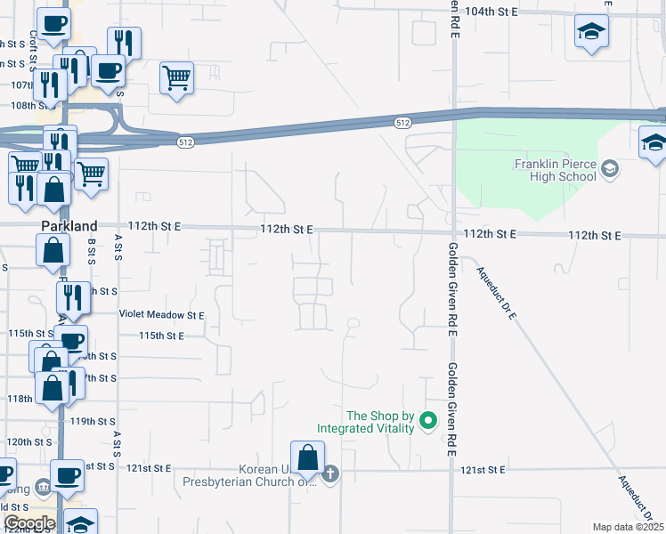 map of restaurants, bars, coffee shops, grocery stores, and more near 728 113th Street East in Tacoma