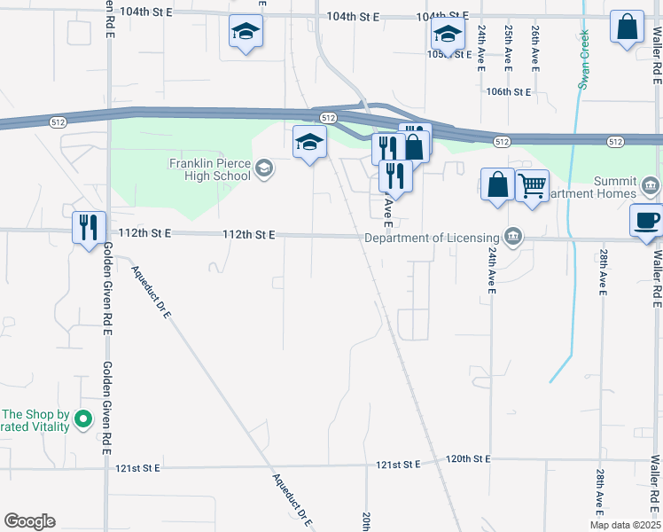 map of restaurants, bars, coffee shops, grocery stores, and more near 1826 112th Street East in Tacoma