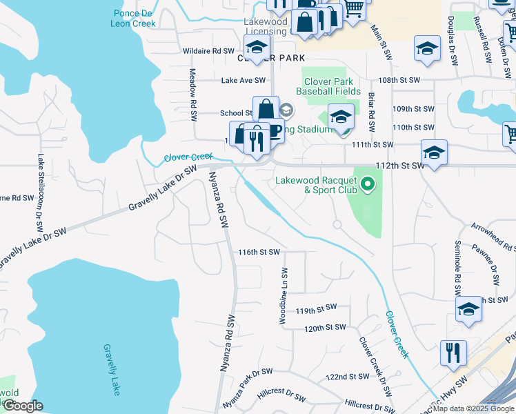 map of restaurants, bars, coffee shops, grocery stores, and more near 11411 Clover Crest Drive Southwest in Tacoma