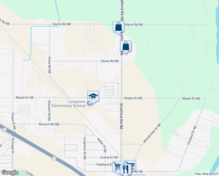 map of restaurants, bars, coffee shops, grocery stores, and more near 9998 Maple Drive Northeast in Moses Lake