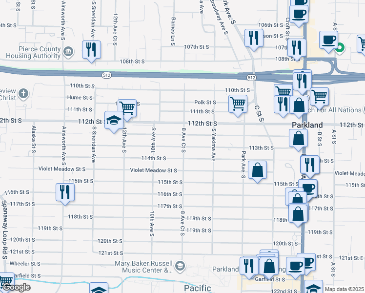 map of restaurants, bars, coffee shops, grocery stores, and more near 852 113th Street South in Tacoma