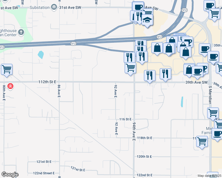 map of restaurants, bars, coffee shops, grocery stores, and more near 3908 12th Street Southwest in Puyallup