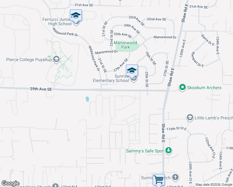 map of restaurants, bars, coffee shops, grocery stores, and more near 2303 40th Avenue Southeast in Puyallup