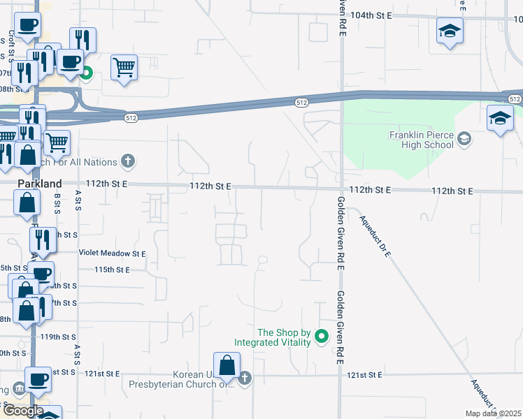 map of restaurants, bars, coffee shops, grocery stores, and more near 728 113th Street East in Tacoma