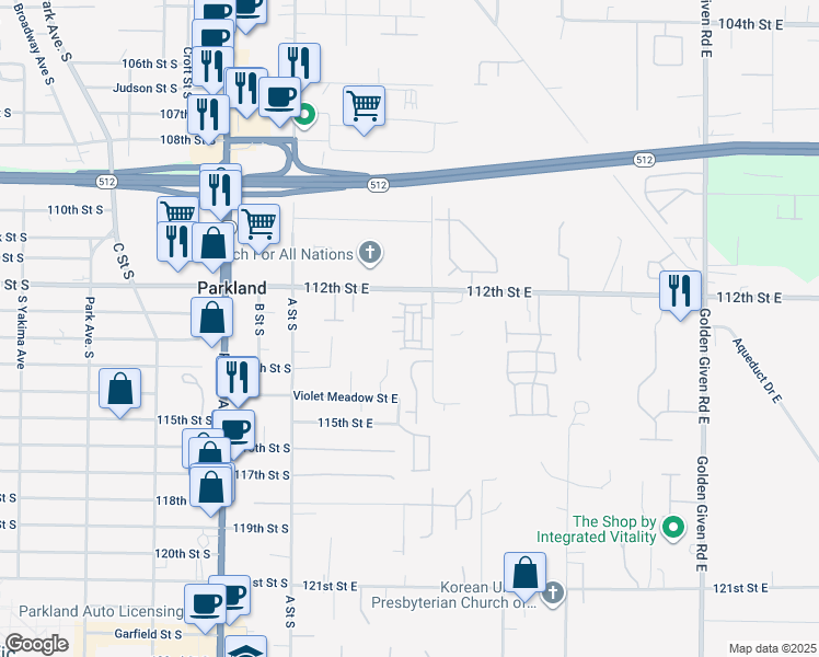 map of restaurants, bars, coffee shops, grocery stores, and more near 11222 3rd Avenue East in Tacoma