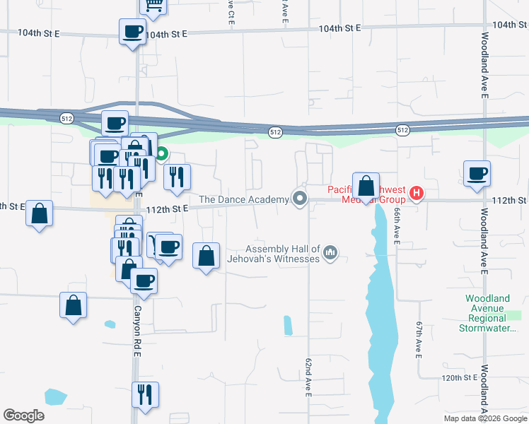 map of restaurants, bars, coffee shops, grocery stores, and more near 5920 112th Street East in Puyallup