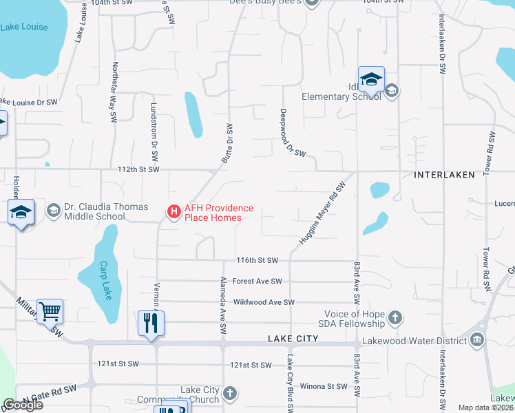 map of restaurants, bars, coffee shops, grocery stores, and more near 11324 87th Avenue Court Southwest in Lakewood