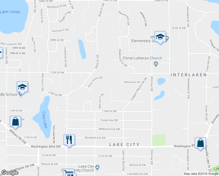 map of restaurants, bars, coffee shops, grocery stores, and more near 11324 87th Avenue Court Southwest in Lakewood
