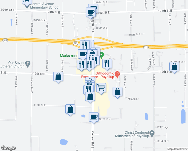 map of restaurants, bars, coffee shops, grocery stores, and more near Canyon Rd E & 112th St E in Puyallup