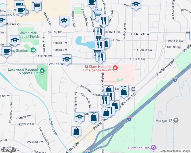 map of restaurants, bars, coffee shops, grocery stores, and more near 5117 115th Street Southwest in Tacoma