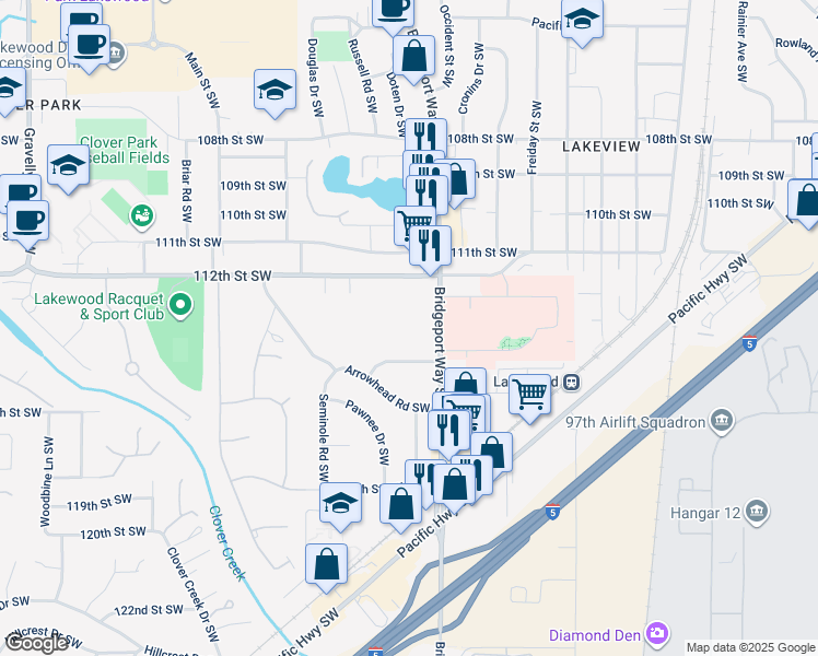 map of restaurants, bars, coffee shops, grocery stores, and more near 5117 115th Street Southwest in Tacoma