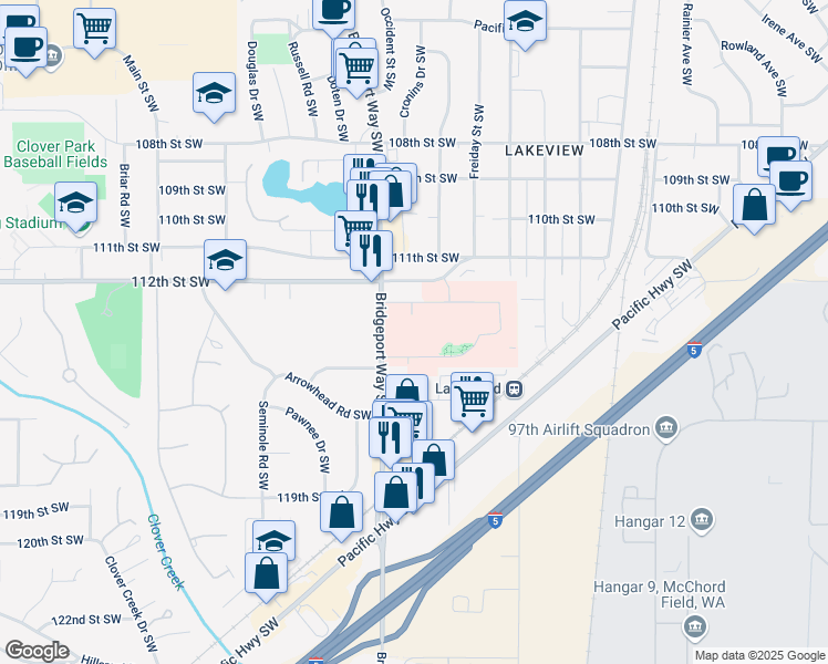map of restaurants, bars, coffee shops, grocery stores, and more near 11311 Bridgeport Way Southwest in Tacoma