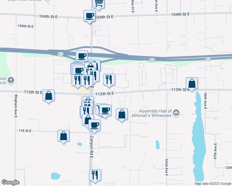 map of restaurants, bars, coffee shops, grocery stores, and more near 5620 112th Street East in South Hill