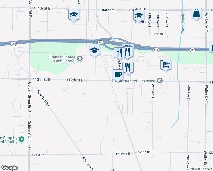 map of restaurants, bars, coffee shops, grocery stores, and more near 1826 112th Street East in Tacoma