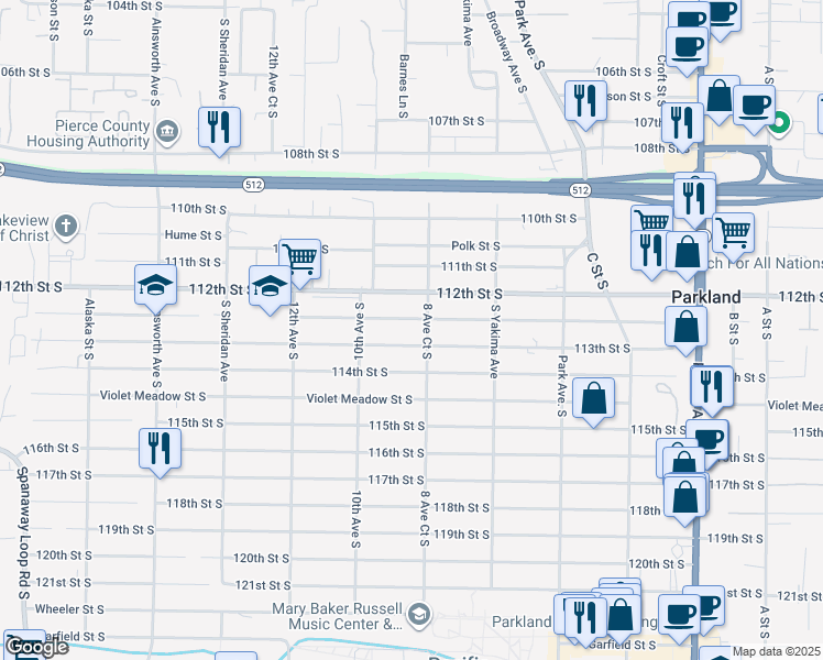 map of restaurants, bars, coffee shops, grocery stores, and more near 852 113th Street South in Tacoma