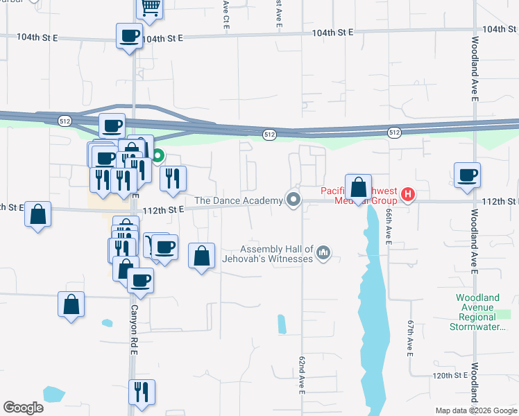 map of restaurants, bars, coffee shops, grocery stores, and more near 5920 112th Street East in Puyallup