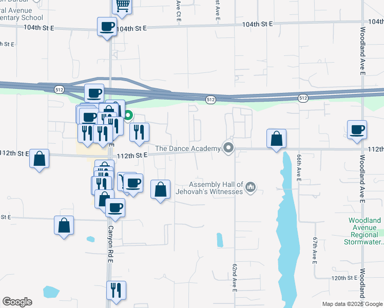 map of restaurants, bars, coffee shops, grocery stores, and more near 11208 59th Avenue Court East in Puyallup