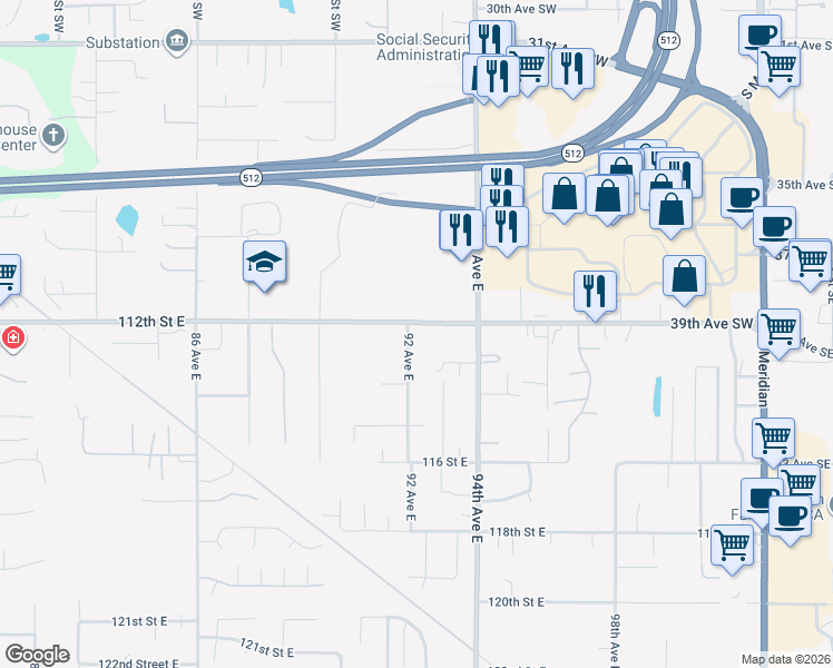 map of restaurants, bars, coffee shops, grocery stores, and more near 3908 12th Street Southwest in Puyallup