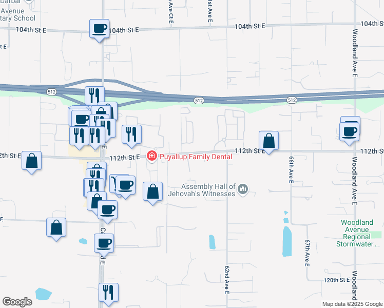 map of restaurants, bars, coffee shops, grocery stores, and more near 11209 59th Avenue Court East in Puyallup