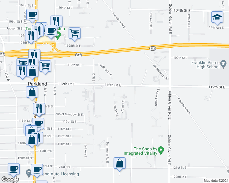 map of restaurants, bars, coffee shops, grocery stores, and more near 11201 6th Avenue East in Tacoma