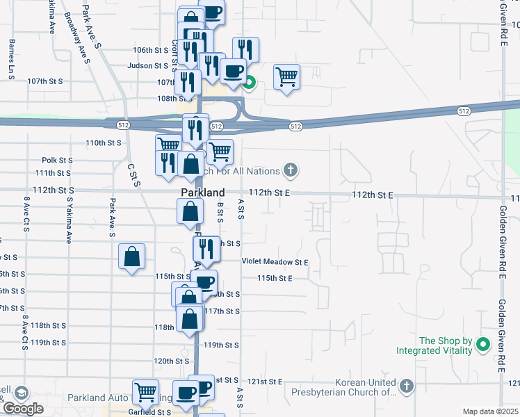 map of restaurants, bars, coffee shops, grocery stores, and more near 11313 1st Avenue Court East in Tacoma