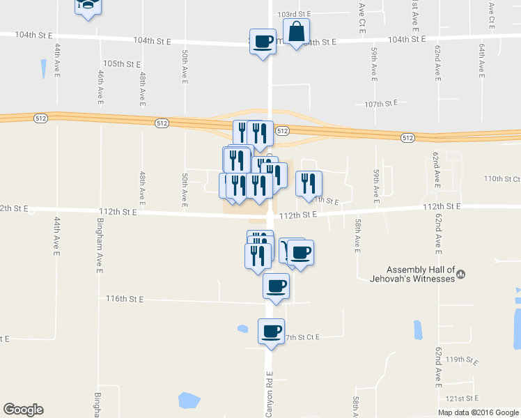 map of restaurants, bars, coffee shops, grocery stores, and more near 11122 Canyon Road East in Puyallup