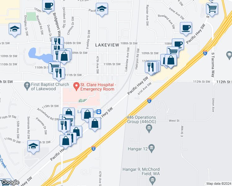 map of restaurants, bars, coffee shops, grocery stores, and more near 11230 Kline Street Southwest in Lakewood