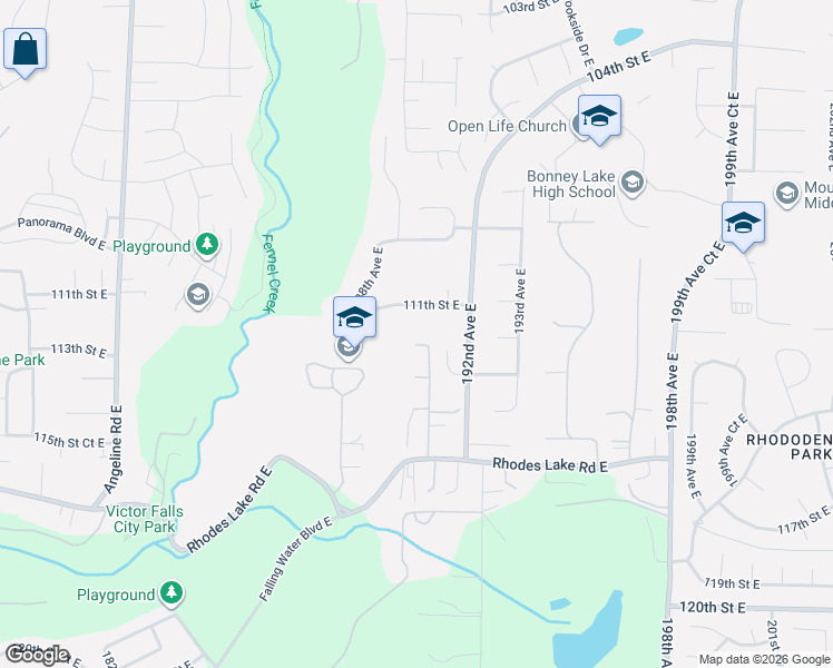 map of restaurants, bars, coffee shops, grocery stores, and more near 19005 113th Street Court East in Bonney Lake