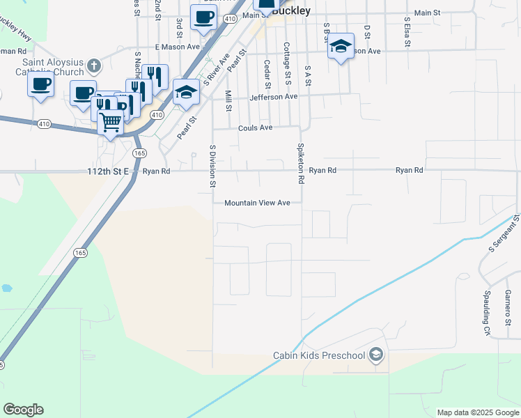 map of restaurants, bars, coffee shops, grocery stores, and more near 736 Mountain View Avenue in Buckley
