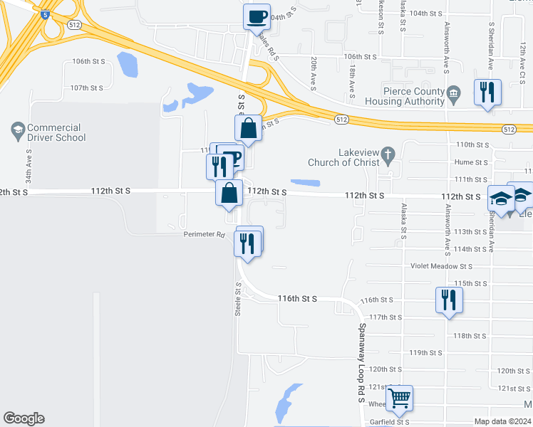 map of restaurants, bars, coffee shops, grocery stores, and more near 2100 112th Street South in Tacoma