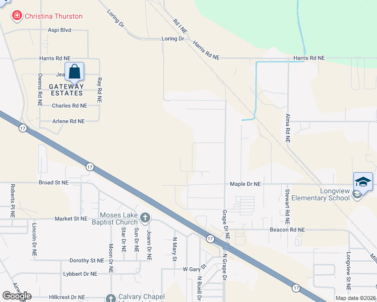 map of restaurants, bars, coffee shops, grocery stores, and more near 4658 Grape Drive Northeast in Moses Lake
