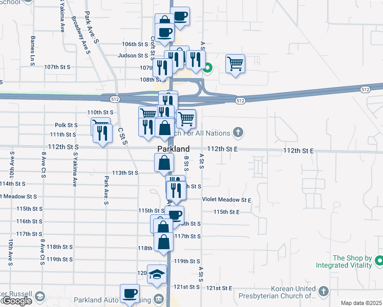 map of restaurants, bars, coffee shops, grocery stores, and more near 111 112th Street South in Tacoma