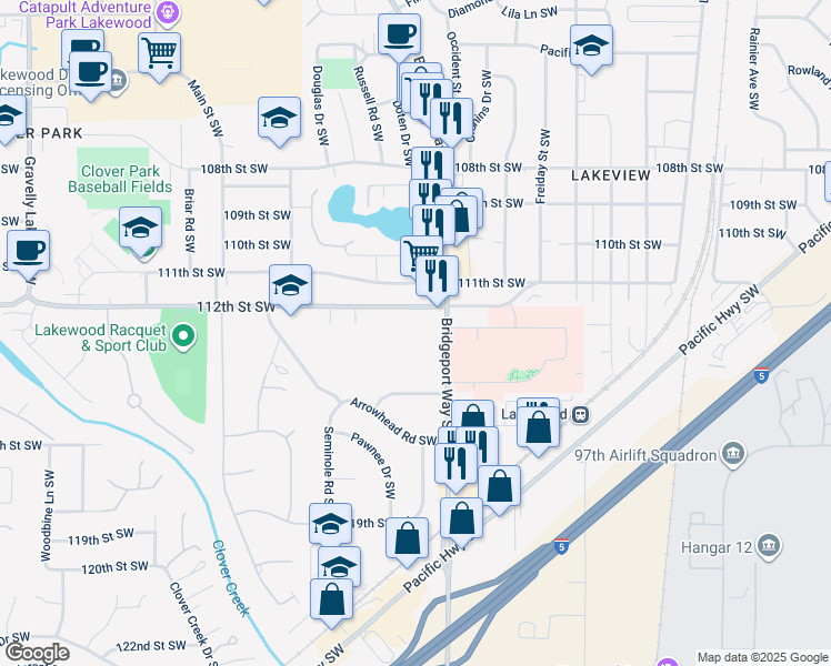 map of restaurants, bars, coffee shops, grocery stores, and more near 11202 Bridgeport Way Southwest in Lakewood