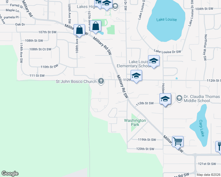 map of restaurants, bars, coffee shops, grocery stores, and more near 10412 112th Street Southwest in Tacoma