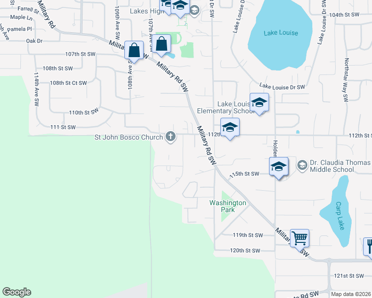 map of restaurants, bars, coffee shops, grocery stores, and more near 10412 112th Street Southwest in Tacoma