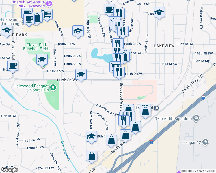 map of restaurants, bars, coffee shops, grocery stores, and more near 5228 112th Street Southwest in Lakewood