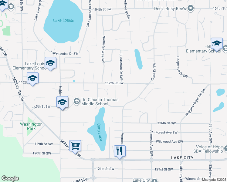 map of restaurants, bars, coffee shops, grocery stores, and more near 11207 92nd Avenue Court Southwest in Lakewood