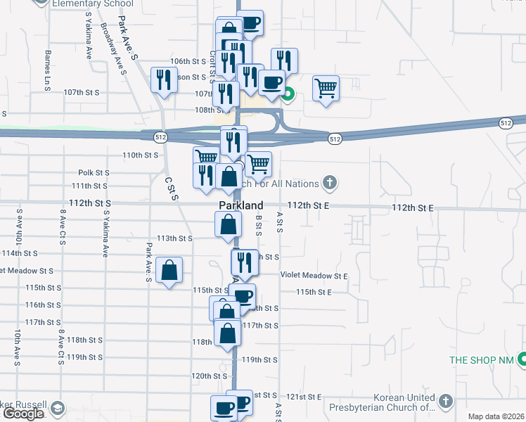 map of restaurants, bars, coffee shops, grocery stores, and more near 111 112th Street South in Tacoma