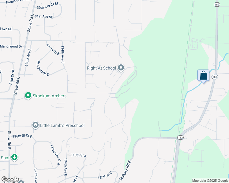 map of restaurants, bars, coffee shops, grocery stores, and more near 11001 Shawnee Road East in Puyallup