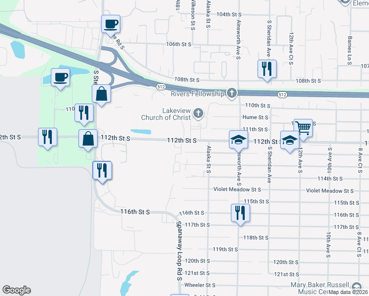 map of restaurants, bars, coffee shops, grocery stores, and more near 1736 112th Street South in Tacoma