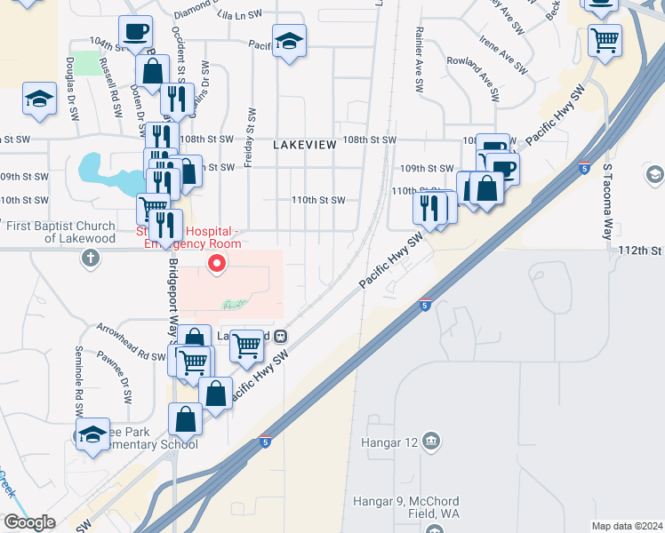 map of restaurants, bars, coffee shops, grocery stores, and more near 11226 Kline Street Southwest in Lakewood