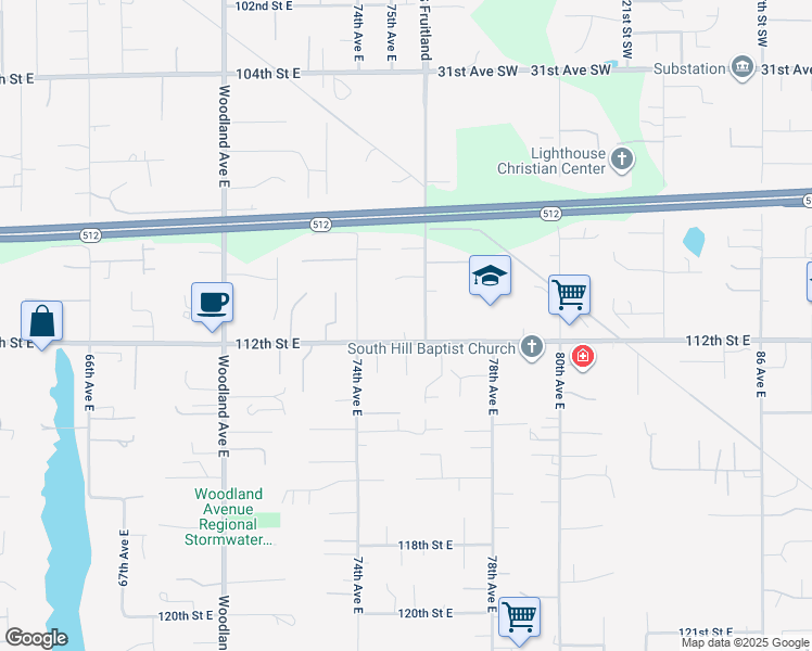 map of restaurants, bars, coffee shops, grocery stores, and more near 7515 112th Street East in Puyallup