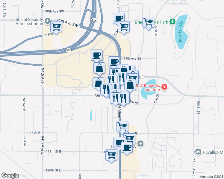 map of restaurants, bars, coffee shops, grocery stores, and more near 3850 South Meridian in Puyallup