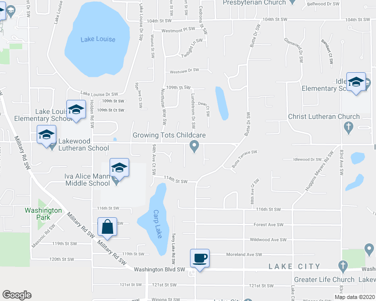 map of restaurants, bars, coffee shops, grocery stores, and more near 11207 92nd Avenue Court Southwest in Lakewood