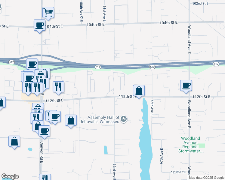 map of restaurants, bars, coffee shops, grocery stores, and more near 6115 111th Street East in Puyallup