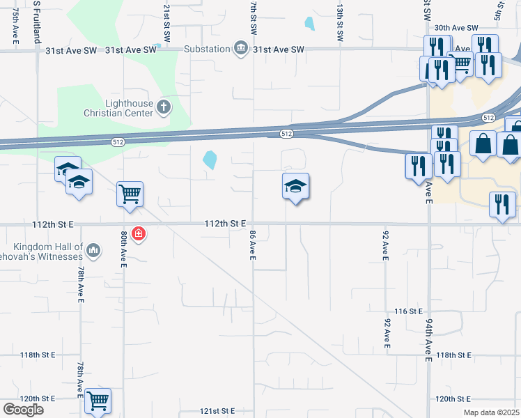 map of restaurants, bars, coffee shops, grocery stores, and more near 3803 17th Street Southwest in Puyallup